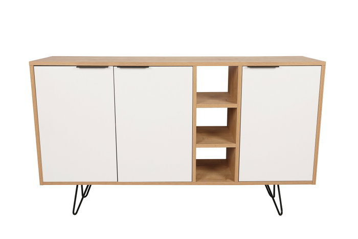 Hanah Home Consola Roble, Blanco. Fabricada 100% en tablero de partículas revestido de melamina con patas metálicas. Medidas: 142x83x35.6 cm.
